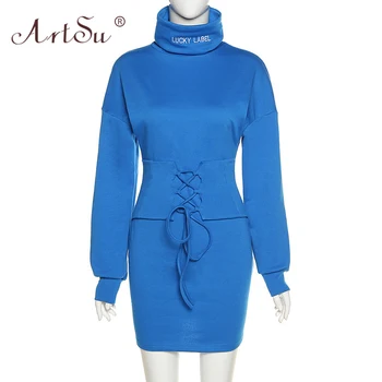 ArtSu Mėlyna Ilgomis Rankovėmis Golfo Seksuali Mini Suknelės Moterims, Žiemos Atsitiktinis Varčias Laišką Siuvinėjimo Palaidinukė Suknelė Streetwear
