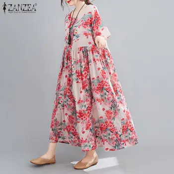 2021 Bohemijos Gėlių Ilgai Sundress Vintage Suknelė Vasarą Moterys ZANZEA Atsitiktinis Trumpas Rankovės Prarasti Spausdinti Vestidos Kaftan Plius Dydis