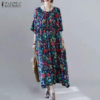 2021 Bohemijos Gėlių Ilgai Sundress Vintage Suknelė Vasarą Moterys ZANZEA Atsitiktinis Trumpas Rankovės Prarasti Spausdinti Vestidos Kaftan Plius Dydis