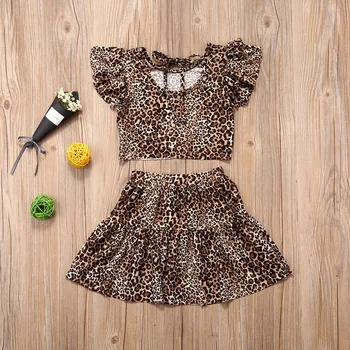 Baby Vaikų Mergaičių Vasaros Komplektus Bamblys Raukiniai Top Marškinėliai Trumpas Drabužių Rinkinys Leopardas Atsitiktinis Mergaičių Drabužiai