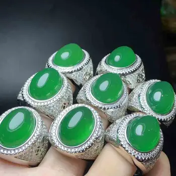 Dizaineris S925 sidabro inkrustacijos gamtos imperatorius žalia chalcedony žiedas vyrų Jasper žiedas veido