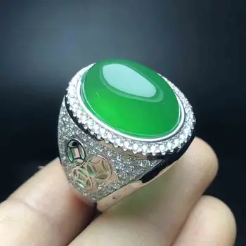 Dizaineris S925 sidabro inkrustacijos gamtos imperatorius žalia chalcedony žiedas vyrų Jasper žiedas veido