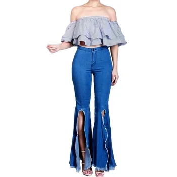 VIYUGUO 2020 moterų džinsai atsitiktinis slim fit tampri džinsinio aukšto juosmens džinsus mados dizaino Split Flare Kelnės mėlynos Kelnės Moterims
