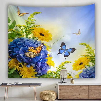 Mėlynas drugelis gobelenas sienos kabo saulėgrąžų spausdinimo namų dekoro priedai drom kambario sienos kilimas