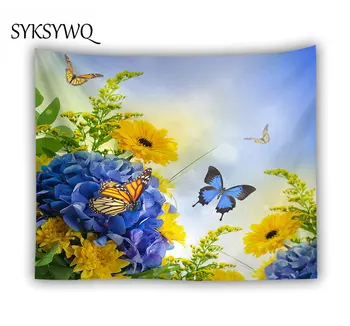 Mėlynas drugelis gobelenas sienos kabo saulėgrąžų spausdinimo namų dekoro priedai drom kambario sienos kilimas