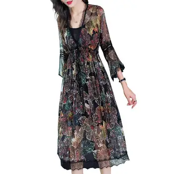 2021 Naujas Vasaros Moterų Mados Prancūzų Stilius Derliaus Suknelės Lady Šilko Imitacijos Spausdinti Gėlių Suknelė Elegantiškas V-Kaklo, Vestidos B76