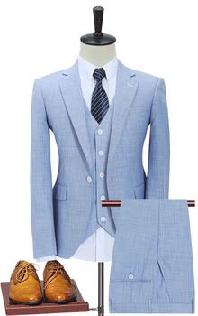 šviesiai mėlyna vyrų kostiumas Užsakymą Retro vyrų vestuvių švarkas tiktų 3pcs (striukė+kelnės+liemenė)