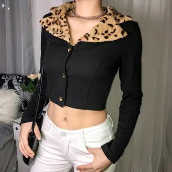 2021 Mados Moterų Marškinėliai Black Rudenį Harajuku Mezgimo Ilgomis Rankovėmis Pasukite Žemyn Apykaklės Leopardas Spausdinti Viršūnes Moterims