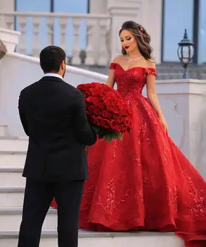 Prabanga Arabų Vakaro Suknelės Nuo Peties Nėrinių Appliqued Karoliukai Moterų Receiption Chalatai Užsakymą Raudona Prom Dress