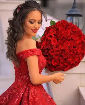 Prabanga Arabų Vakaro Suknelės Nuo Peties Nėrinių Appliqued Karoliukai Moterų Receiption Chalatai Užsakymą Raudona Prom Dress