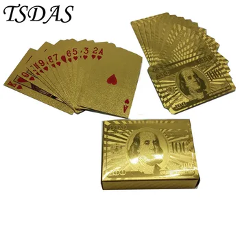 999.9 Aukso Kortos Didmeninės Nauja 100 Dolerių Stiliaus 24K Aukso Vandeniui Pokerio Kortos su Raudona Mediniai Atveju, Dovanos