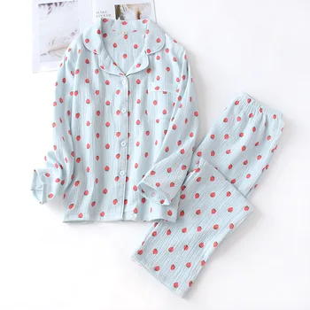 Braškių ilgomis rankovėmis Kelnės Pajama Nustatyti Medvilnės Krepinio Audinio Pijama Mujer Spausdinimo Sleepwear Plius Dydis Moteris, Namuose Drabužiai