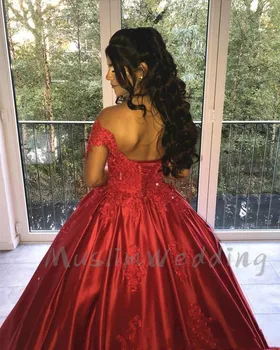 Elegantiškas Raudonas Kamuolys Suknelė Prom Dresses Nuo Peties Appliques Nėrinių, Šilko Satino Ilgai Oficialų Vakarinę Suknelę 2020 Saldus 16 Suknelės