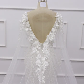 3D Gėlių Undinė Vestuvių Suknelė su V-kaklo, ilgomis Rankovėmis Dvi Raišteliais V Atgal Dramblio kaulo Vestuvinės Suknelės su Nėriniais Appliques 2020 SJ294