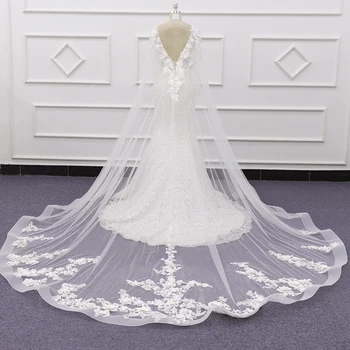 3D Gėlių Undinė Vestuvių Suknelė su V-kaklo, ilgomis Rankovėmis Dvi Raišteliais V Atgal Dramblio kaulo Vestuvinės Suknelės su Nėriniais Appliques 2020 SJ294