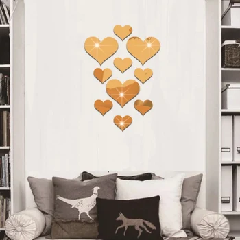10vnt Plastiko Nuimamas Širdies Meno Sienos Plakatas Kambarį Miegamųjų Namo Apdaila 3D Akrilo Širdies Formos Veidrodis, Sienų Lipdukai