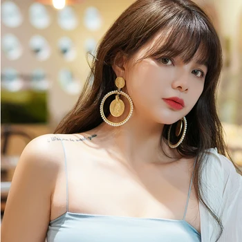 Xinwei auskarai 2020 naujas paprastas retro karaliaus galva apvalus auskarai moterims, ilgą perlų pakabukas auskarai papuošalai dovana