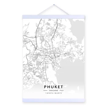 Phuket, Tailandas Miesto Žemėlapį Mediniai Įrėminti Paveikslai Tapyba Namų Dekoro Sienos Menas Spausdinti Nuotraukas Plakatas Pakaba