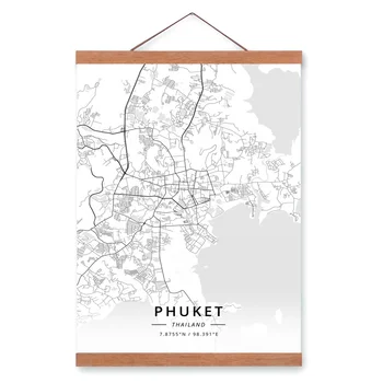 Phuket, Tailandas Miesto Žemėlapį Mediniai Įrėminti Paveikslai Tapyba Namų Dekoro Sienos Menas Spausdinti Nuotraukas Plakatas Pakaba