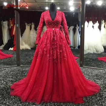 Raudona Ilgomis Rankovėmis Nėriniai, Vakaro Suknelės, Šaliai, Dubajus Plius Dydis Ponios Moterys China Oficialią Suknelės Vakare Gown