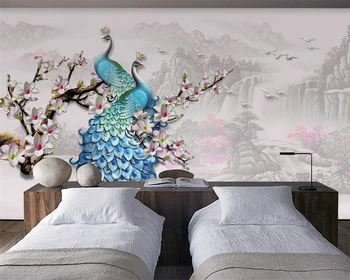 Beibehang Užsakymą Tapetai 3d Iškilumo Blue Peacock Magnolia Gėlių, Miegamojo Miegamojo Kambarį, TV Foną, sienos 3d tapetai