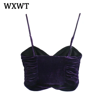 WXWT Naujas Moterų Violetinė Plisuotos Dizaino Aksomo Sijonas Kostiumas 2 Vienetų Rinkinių Aksominis Diržas Palaidinė ir Sijonas Tinka LY9341
