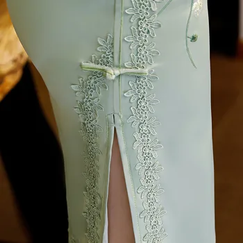 Prabangus Šilko Trumpas Cheongsam Nėrinių Aplikacija Krašto Qipao Trumpas Rankovės Vintage Suknelė Elegantiškas Ligth Blue Kinijos Mados Suknelė