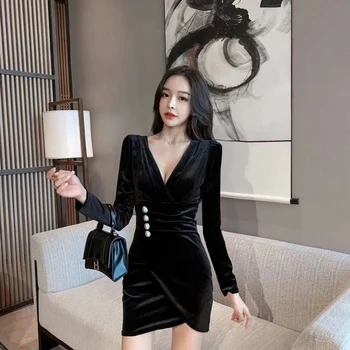 Pleuche Long Sleeve V-kaklo Korėjoje Moterims naktiniame Klube Šalis Suknelės Plisuotos Liesas Slim Fit Elegantiškas Ponios Sexy Atsitiktinis Suknelė Drabužius
