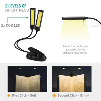 Ryškus LED šviesos su ON / OFF jungikliu, Lanksčią USB Clip-On 2x COB LED Šviesos Skaitymo Tyrimo Stalas Stalo Lempa Įkrovimo