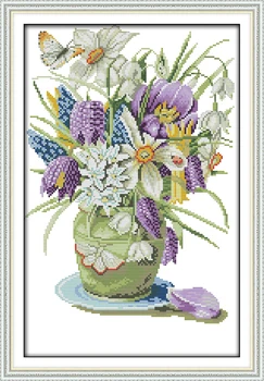 Vaza (2) kryželiu rinkinys gėlių 14ct raštuoto audinio drobė siūlės siuvinėjimo 