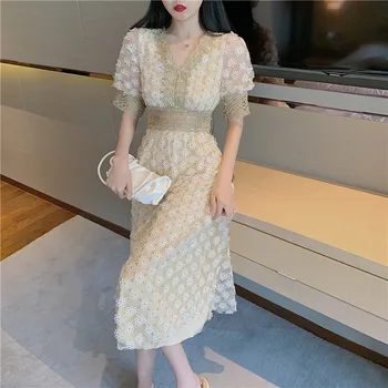 Naujas atvykimo 2020 kilimo ir tūpimo Tako Elegantiška prabanga akių Gėlių siuvinėjimo Nėrinių Suknelė tuščiaviduriai iš Chic sluoksniuotos rankovėmis Šifono Suknelės vestidos