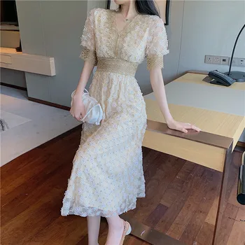 Naujas atvykimo 2020 kilimo ir tūpimo Tako Elegantiška prabanga akių Gėlių siuvinėjimo Nėrinių Suknelė tuščiaviduriai iš Chic sluoksniuotos rankovėmis Šifono Suknelės vestidos