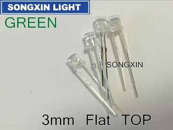50PCS 100vnt 3mm LED Diodų Lemputė Skaidri Žalia Super Šviesus Plataus Kampo skaidraus Lęšio Flat Top LED Šviesos Diodų Lempos