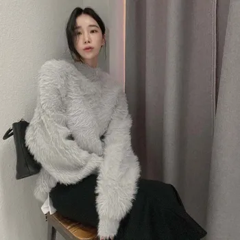 Korėjos Elegantiškas Moheros Megztinis Storas Šiltas Pliušinis Įgulos Kaklo Megztinis Moterims 2020 Naujas Prarasti Žiemos Ilgos Rankovės Mados Viršūnes Vientisas