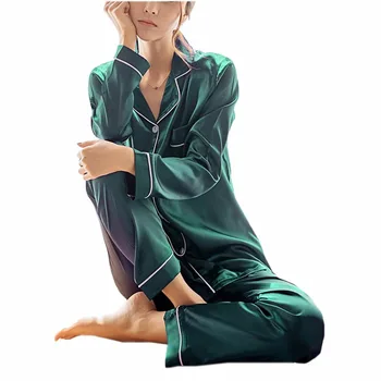 Moterų Sleepwear Seksualus Šilko Satino Pižama Pižamos Nustatyti ilgomis Rankovėmis Viršūnes+Kelnės pyjama mujer naktiniai drabužiai Pijama Feminino M-5XL