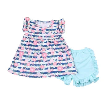 Plaukioja rankovės vasaros aprangą pynimas šortai baby girl 2 vnt gėlių mėlyna dryžuotas plazdėjimas viršuje rungtynes vaiskiai mėlynos spalvos trumpą vaikas drabužiai