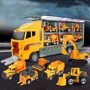 2-in-1 Didelis Sunkvežimis Žaislas 6pcs Mini Lydinio Diecast Automobilio Modelis 1:64 Skalę, Žaislai, Automobilių Vežėjas Sunkvežimių Inžinerijos Automobilio Žaislai, Vaikų Berniukų