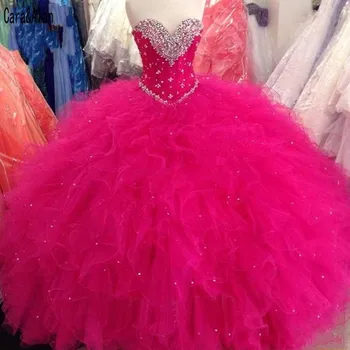 Princesė Kamuolys Suknelė Raudona Quinceanera Suknelės Raukiniai, Uždusęs Sijonas Raudonos Saldžiosios 16 Suknelės, Puošnios Blizgančiais Plus Size Vestidos