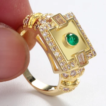 2016 karšto pardavimo aukso spalvos žiedas žalios spalvos cz papuošalai naujas mados didelių kvadratinių sidabro padengtą dydis 6-9 Sužadėtuvių Žiedai papuošalai