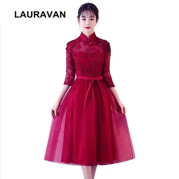 Romantiška trumpas, saldus 16 rankovėmis vyno raudona aukšto kaklo tiulio moteris arbatos ilgio suknelė šalis korsetas kamuolys suknelė bridesmaid dresses 2020 m.