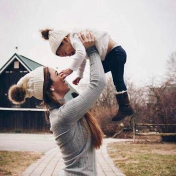 2VNT Mama&Baby Skrybėlę Šeimos Žiemą Šilčiau Mezgimo Vilnos Kepuraitė Slidinėjimo Kepurė