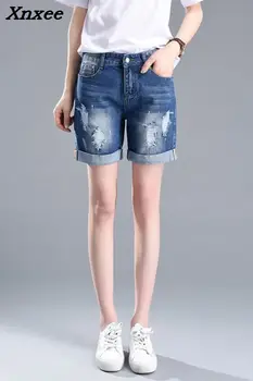 Vasaros džinsinio šortai tiesiai prarasti skylę džinsai mados atsitiktinis skylę moterų džinsai trumpas, su kišenėmis plius dydis Xnxee