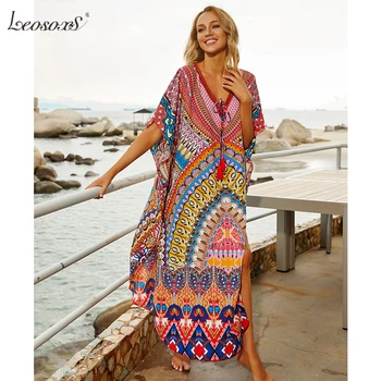 LEOSOXS 2021 Greitai-džiovinimo Bohemijos Spausdinti Prarasti Vasaros Paplūdimio Suknelė Maroko Kaftan Moterų Plius Dydis Paplūdimio Kutas Midi Suknelė