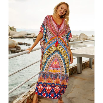 LEOSOXS 2021 Greitai-džiovinimo Bohemijos Spausdinti Prarasti Vasaros Paplūdimio Suknelė Maroko Kaftan Moterų Plius Dydis Paplūdimio Kutas Midi Suknelė