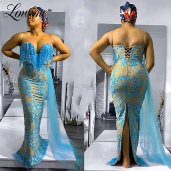 Afrikos Plus Size Vakaro Suknelės Undinė Mėlynos Spalvos Nėrinių Juosteles Moterys Šalis Suknelė Vestuvėms 2020 Iliuzija Seksualus Promenadzie Suknelė Naujausias