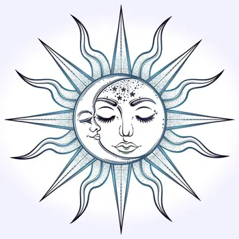 Dušo Užuolaidos su Saulės ir Mėnulio Susiduria Mistikas, Gamta, Astrologija Bohemijos Stiliaus Kūrinys Tamsiai Mėlyna Balta