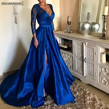 2021 Royal Blue Plus Size Prom Dresses V Kaklo Nėrinių Appliques Ilgomis Rankovėmis Priekiniai Padalinta Oficialią Vakaro Suknelės, Šaliai, Chalatai