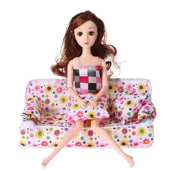 Mini Plastikinių Kūdikių Lėlės, Žaislai Sponge Gėlių Spausdinti kūdikių Žaislai, Lėlės Priedai Vaikams Mielas Lėlės baldai, Sofa-lova ir pagalvės rinkinys Žaislas